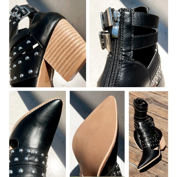 NEW Black Studded Cutout Buckle Strap Pointy Toe Block Heel Ankle Booties Vegan - Picture 11 of 16